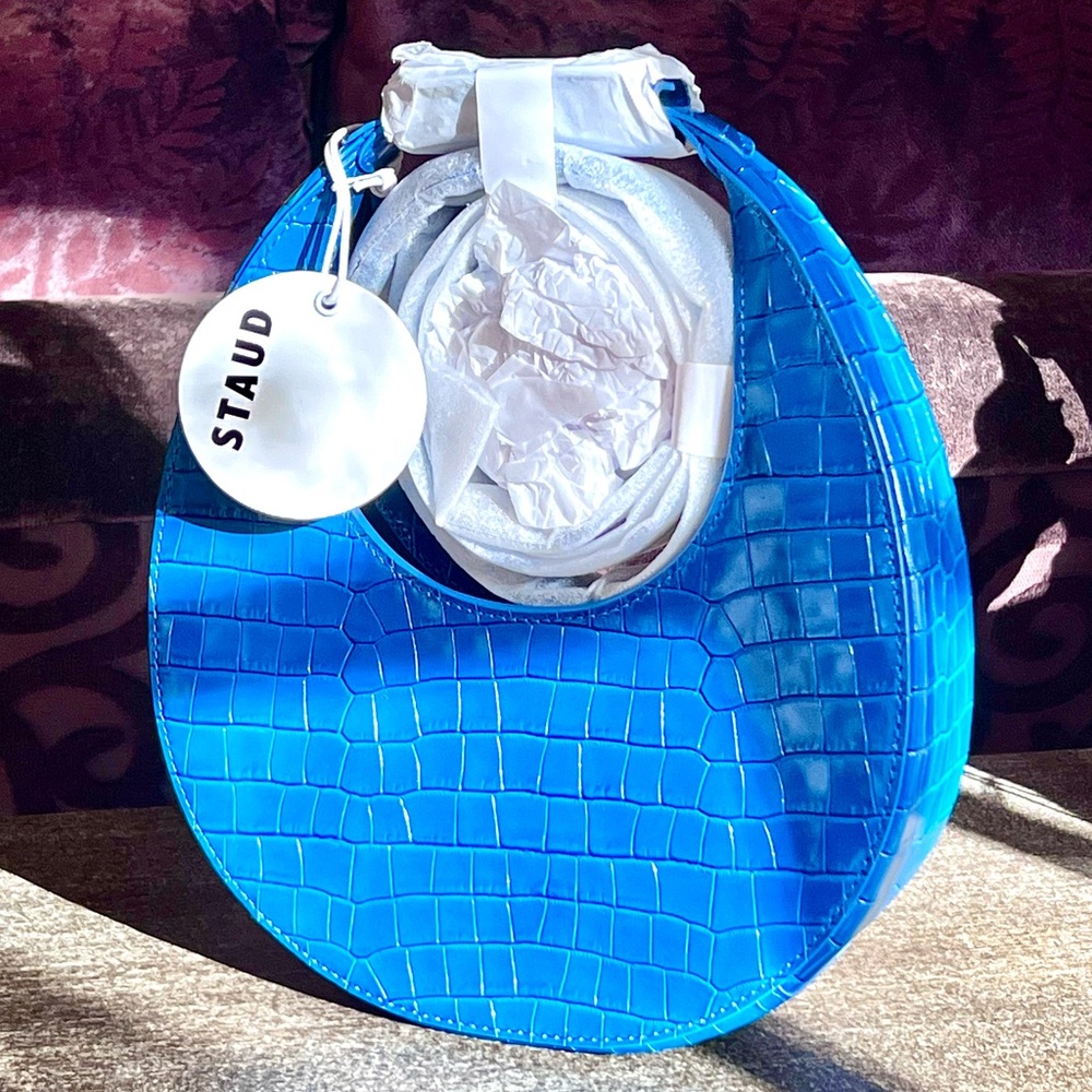 🌺🎉2XHP🎉🌺 NWT Staud Mini Moon Crocodile Embossed Bag Island Blue - Picture 2 of 16